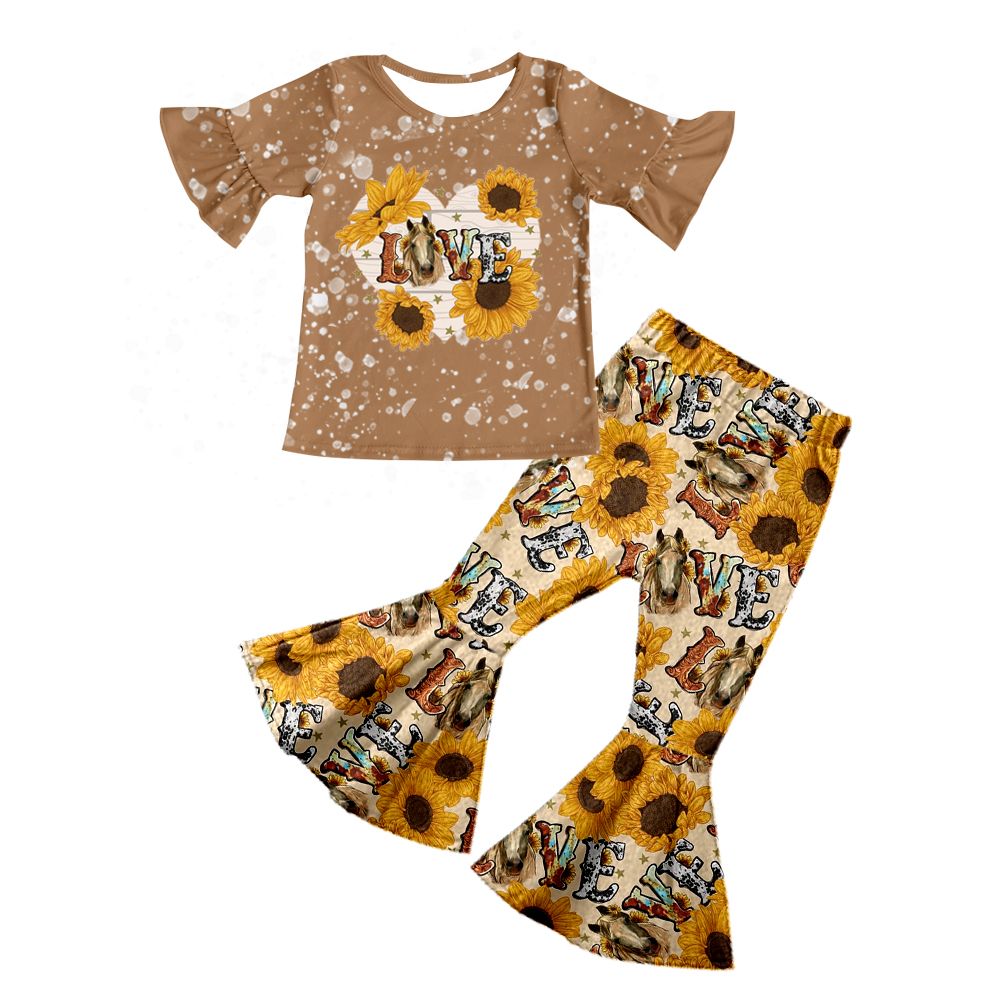 GSPO0277 Girls LOVE Sunflower Brown Short Sleeve Pants Set