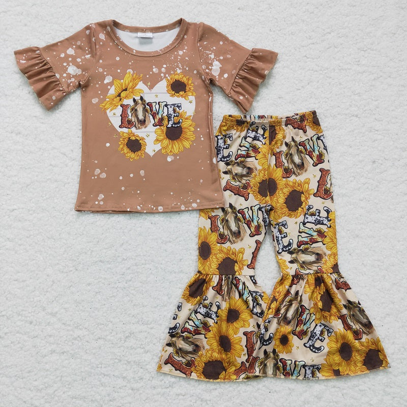 GSPO0277 Girls LOVE Sunflower Brown Short Sleeve Pants Set