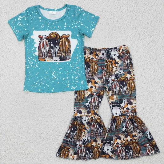 GSPO0279 Baby Girls Cow Blue Short Sleeve Trousers Suit