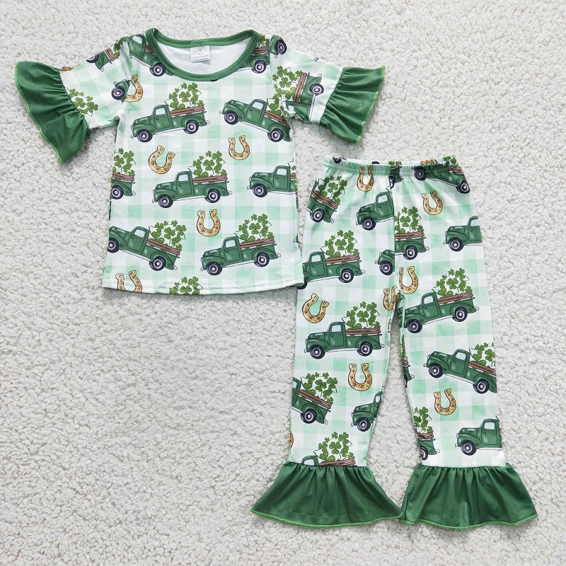 GSPO0287 Girls green car four-leaf clover short-sleeved trouser suit