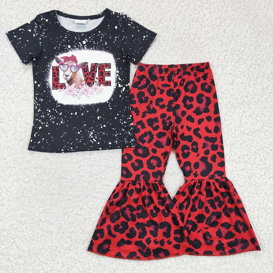 GSPO0288 Girls LOVE cow black short-sleeved red leopard trouser suit