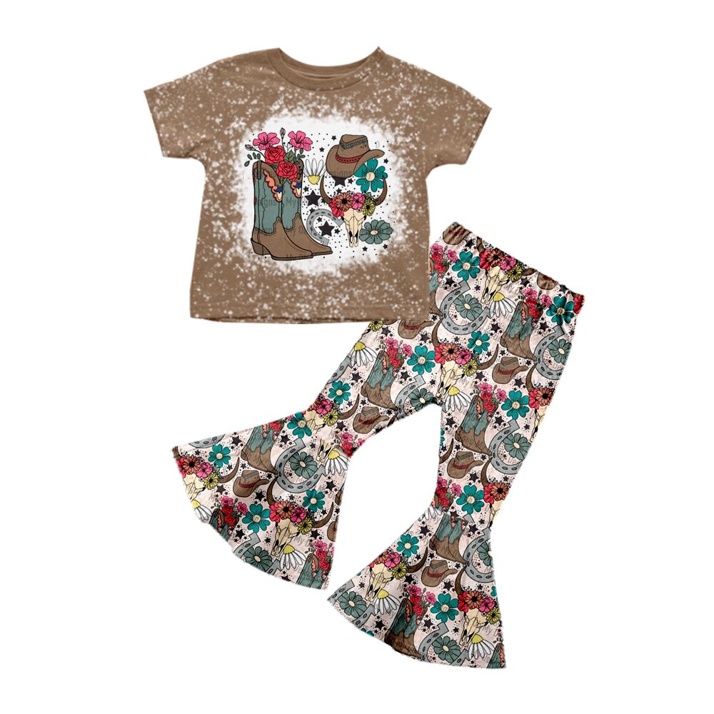 GSPO0290 Girls Boots Flower Bull Head Hat Short Sleeve Pants Set