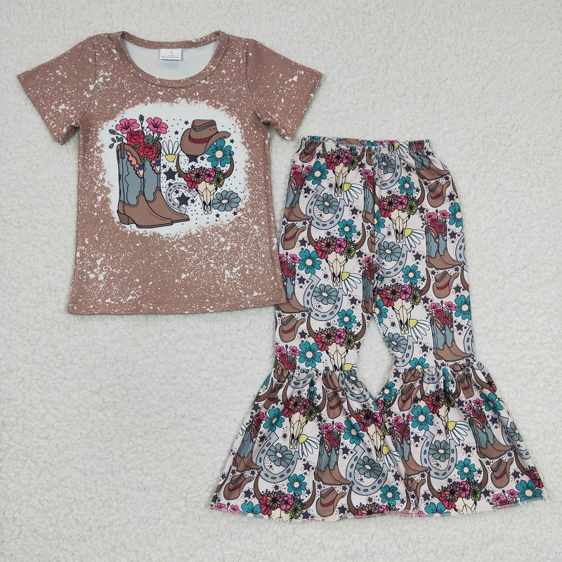 GSPO0290 Girls Boots Flower Bull Head Hat Short Sleeve Pants Set