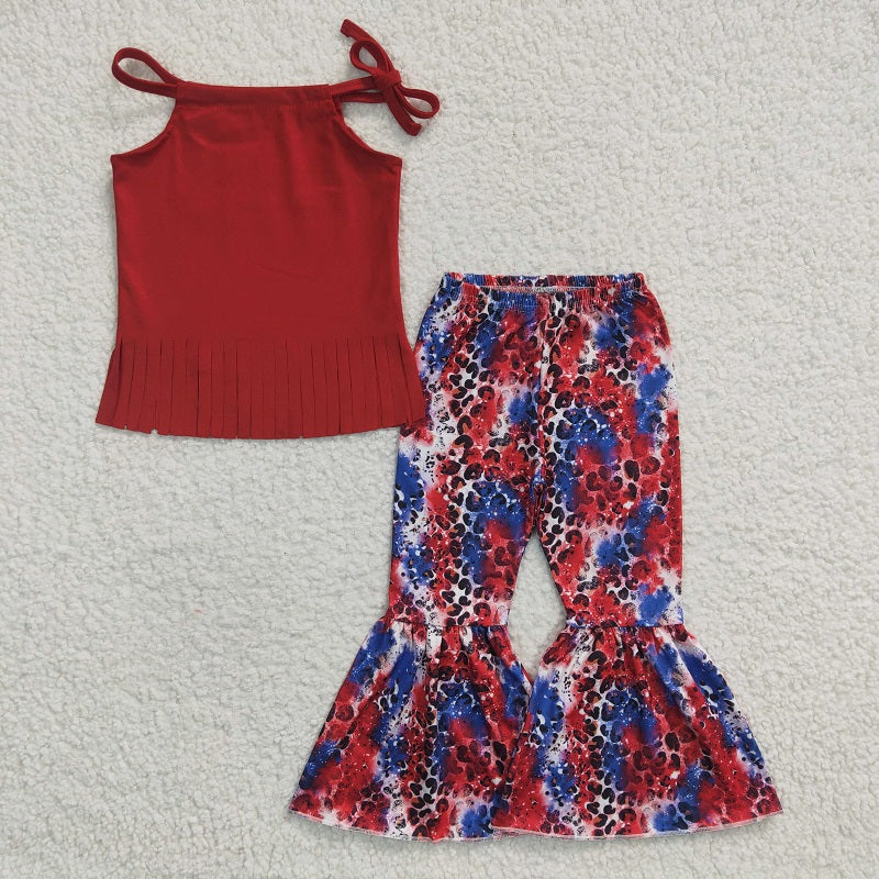 GSPO0299 Baby Girls Red Tassel Halter Neck Colorful Leopard Pants Set