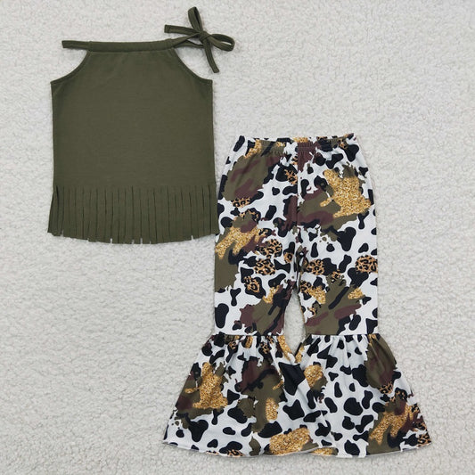 GSPO0300 Baby Girls Dark Green Tassel Halter Neck Cow Pattern Trousers Suit