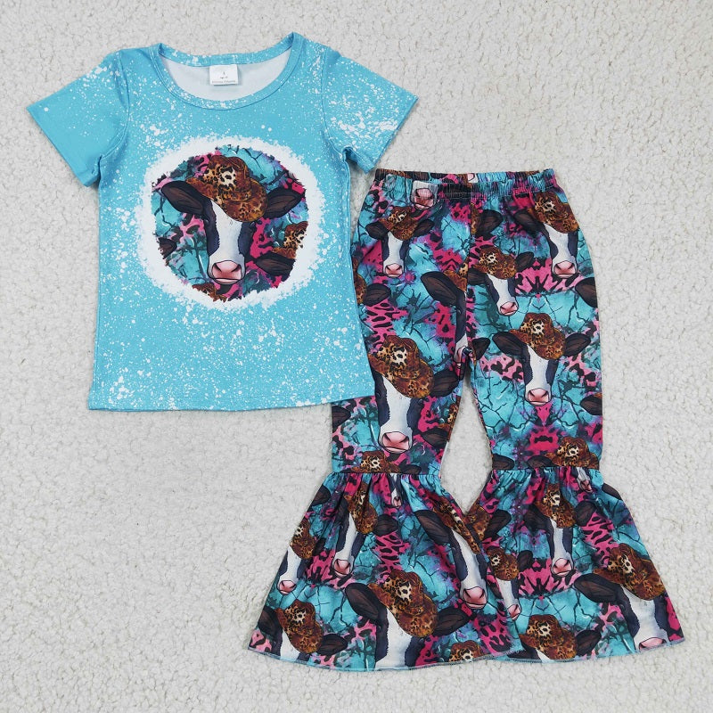 GSPO0304 Girls Cow Leopard Hat Blue Short Sleeve Trousers Suit D 6.27