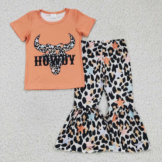 GSPO0305 Girls HOWDY leopard bull head short-sleeved trousers suit D 8.7