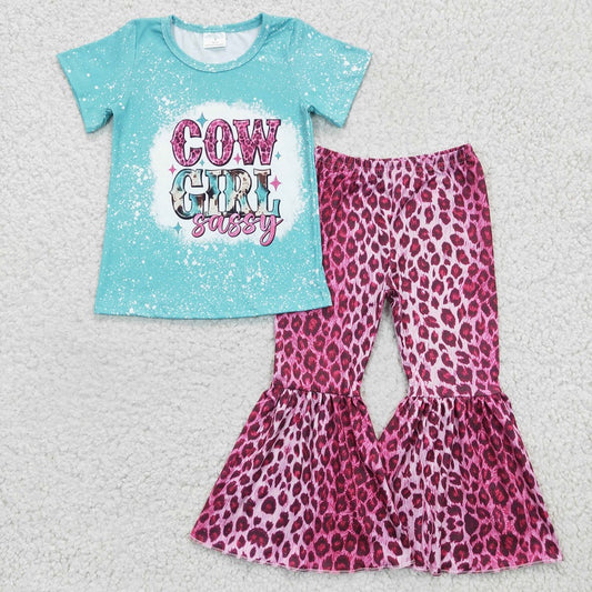 GSPO0307 Girl cowgirl blue short-sleeved rose red leopard trouser suit
