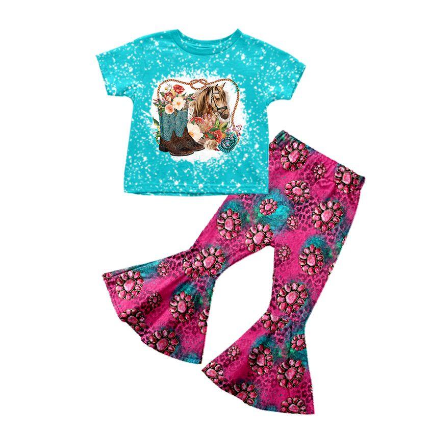 GSPO0312 Girls Boots Horse Blue Short Sleeve Trouser Set D 6.27