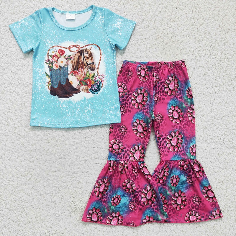 GSPO0312 Girls Boots Horse Blue Short Sleeve Trouser Set D 6.27