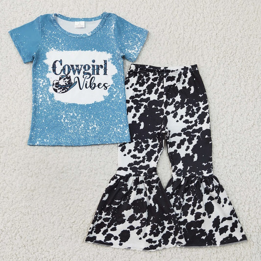 GSPO0316 Girl cowgirl blue short-sleeved cow pattern trouser suit