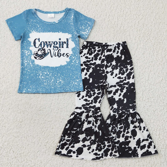 GSPO0316 Girl cowgirl blue short-sleeved cow pattern trouser suit D 8.7