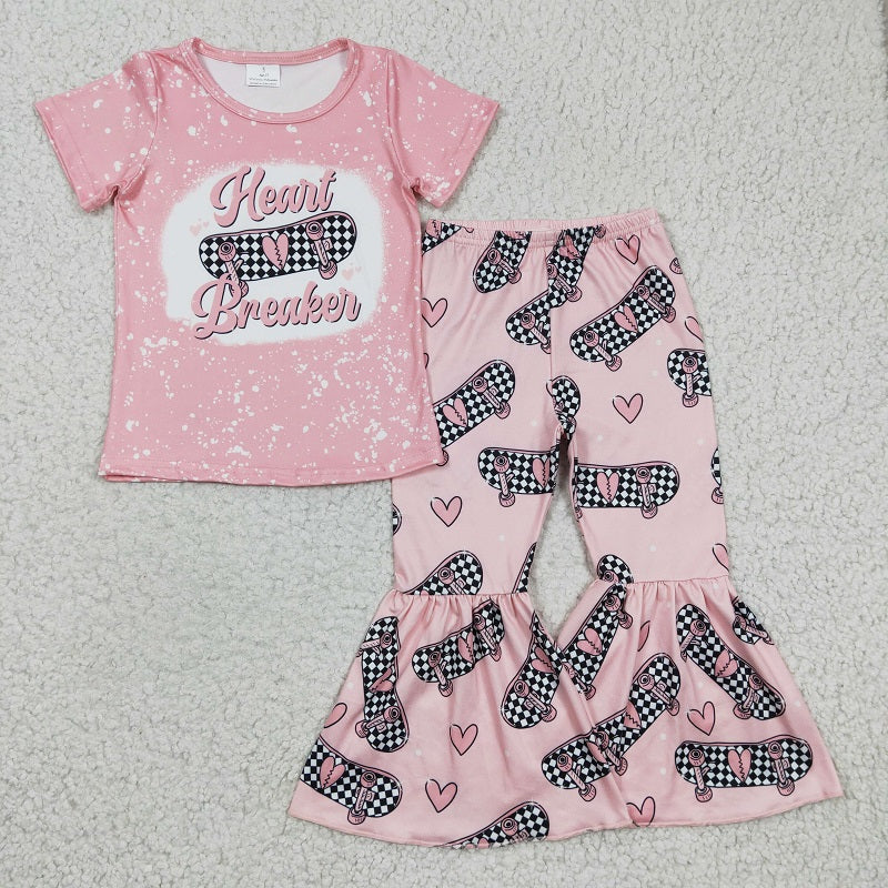 GSPO0320 Baby Girl heart love skateboard pink short-sleeved trousers suit