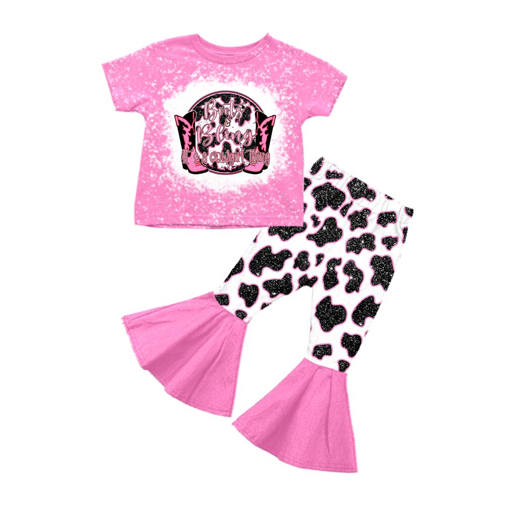 GSPO0325 Girls bling pink cow pattern short-sleeved trousers suit