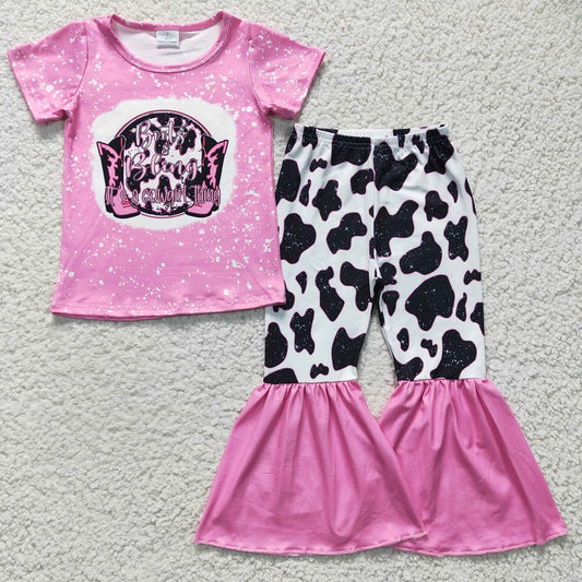 GSPO0325 Girls bling pink cow pattern short-sleeved trousers suit
