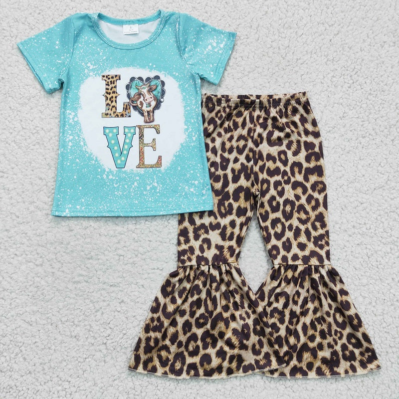 GSPO0330 Girls LOVE blue short-sleeved leopard trouser suit