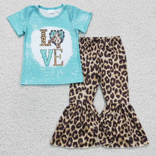 GSPO0330 Girls LOVE blue short-sleeved leopard trouser suit