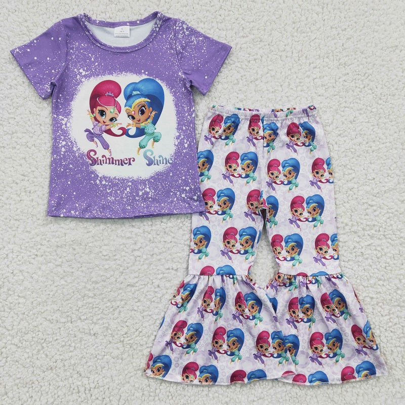 GSPO0331 spring purple cartoon princess bell bottom pants set