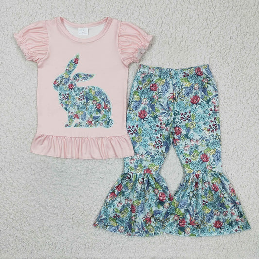 GSPO0341 Girl Flower Rabbit Pink Short Sleeve Trousers Suit