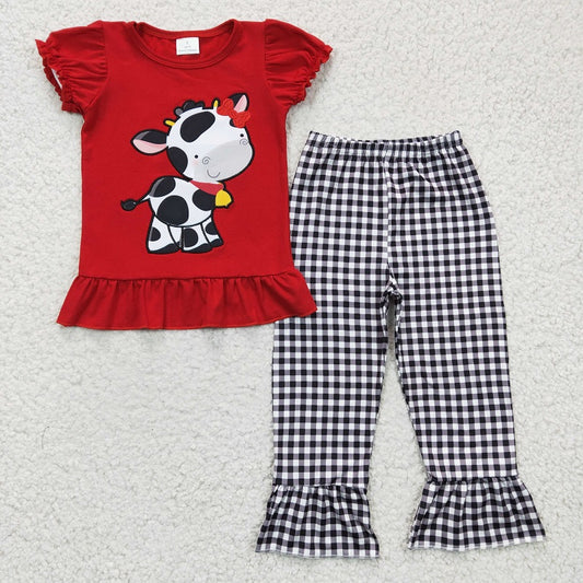 GSPO0342 Baby Girls Embroidered Cow Red Short Sleeve Check Pants Set