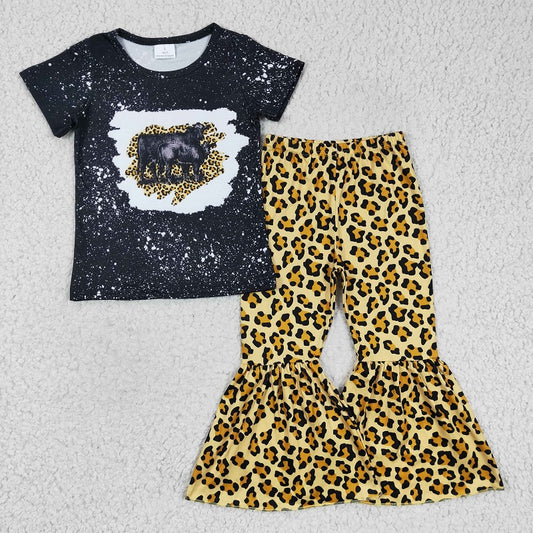 GSPO0352 Girls Black Short Sleeve Leopard Print Trousers Set