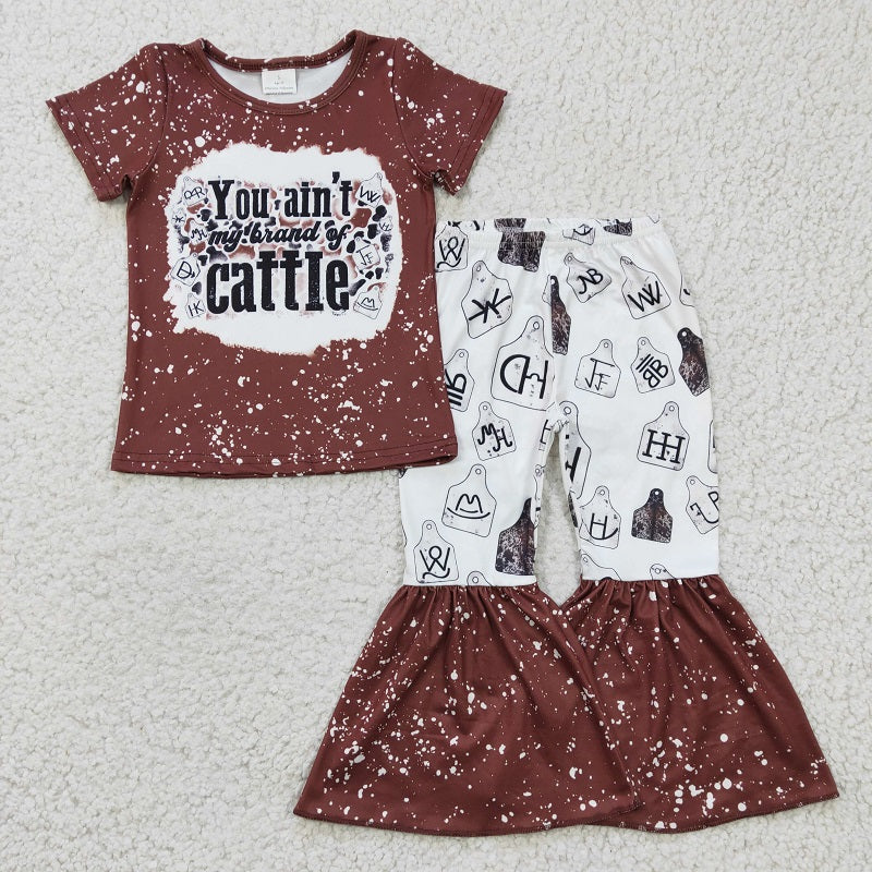 GSPO0355 Baby Girls Cattle Symbol Brown Short Sleeve Pants Set