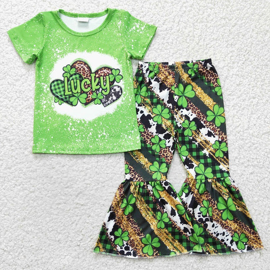 GSPO0356 Girl LUCKY green love four-leaf clover short-sleeved trousers suit