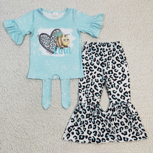 GSPO0360 Girls Bee Blue Leopard Heart Short Sleeve Trousers Suit