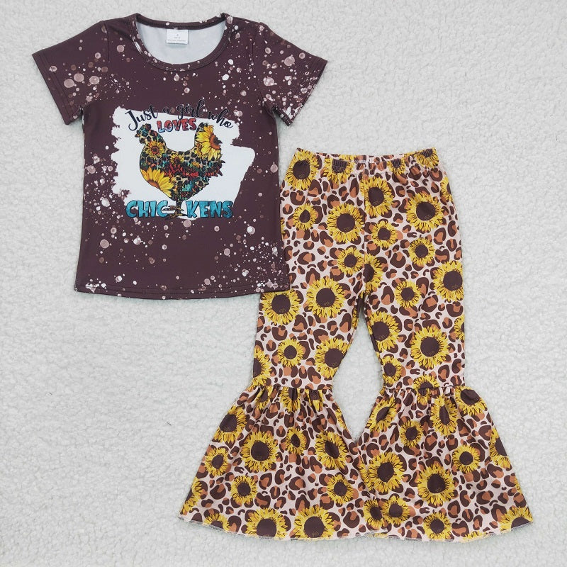 GSPO0370 Girls Rooster Sunflower Short Sleeve Pants Set