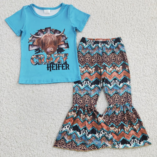 GSPO0372 Girls CRAZY blue leopard-print alpine short-sleeved trousers suit