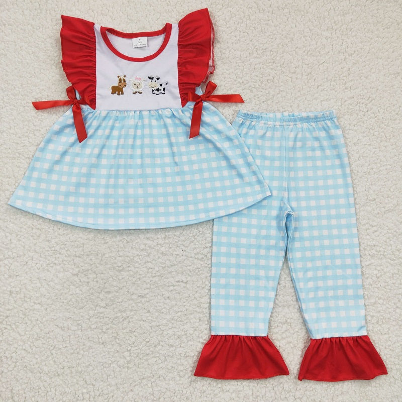 GSPO0381 Girls Embroidered Cow, Horse and Sheep Blue Flying Sleeve Trousers Set