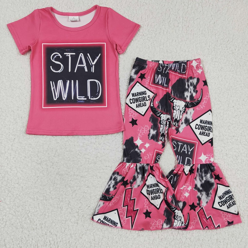 GSPO0446 Baby Girls STAY WILD pink short-sleeved trouser suit
