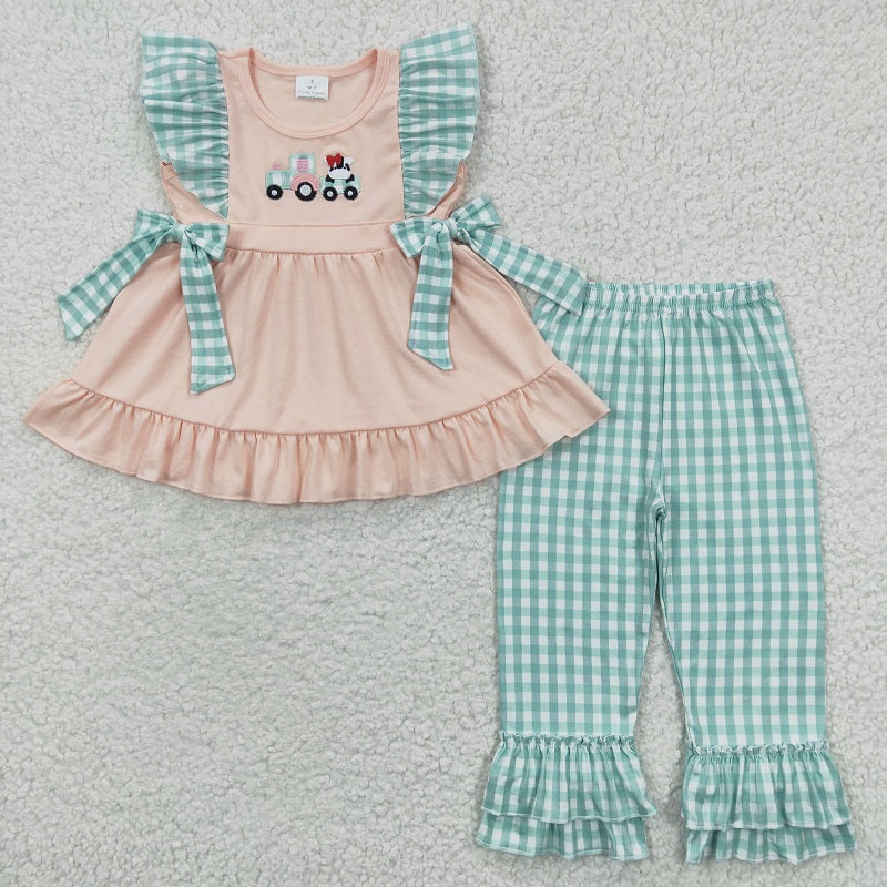 GSPO0447 Baby Girls Embroidered Car Cow Pink Flying Sleeves Green Check Pants Set