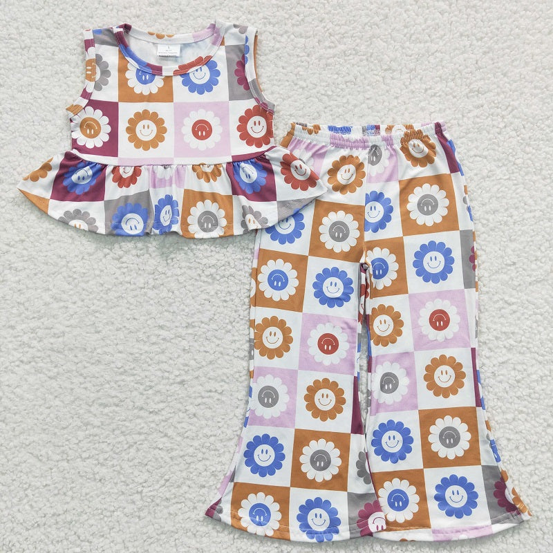GSPO0472 Baby Girls Colorful Smiley Flower Sleeveless Pants Set