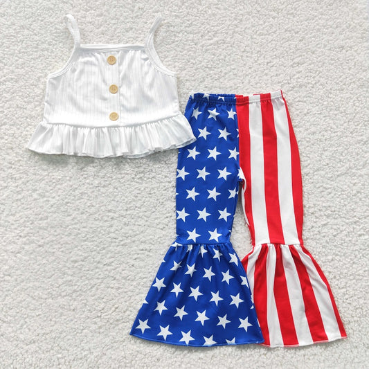 GSPO0480 Baby Girls White Vest Stars Stripes Pants Set
