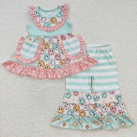 GSPO0503 Baby Girls Happy Green Pocket Sleeveless Set