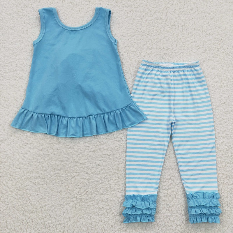 GSPO0505  Baby Girls Blue Lace Striped Vest Trousers Set