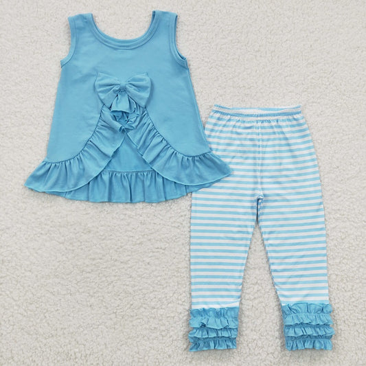 GSPO0505 Baby Girls Blue Lace Striped Vest Trousers Set