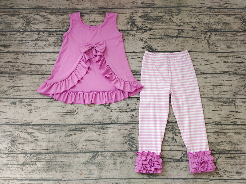 GSPO0507 Girls Pink Lace Stripe Tank Top Trousers Set