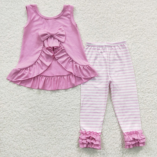 GSPO0507 Girls Pink Lace Stripe Tank Top Trousers Set