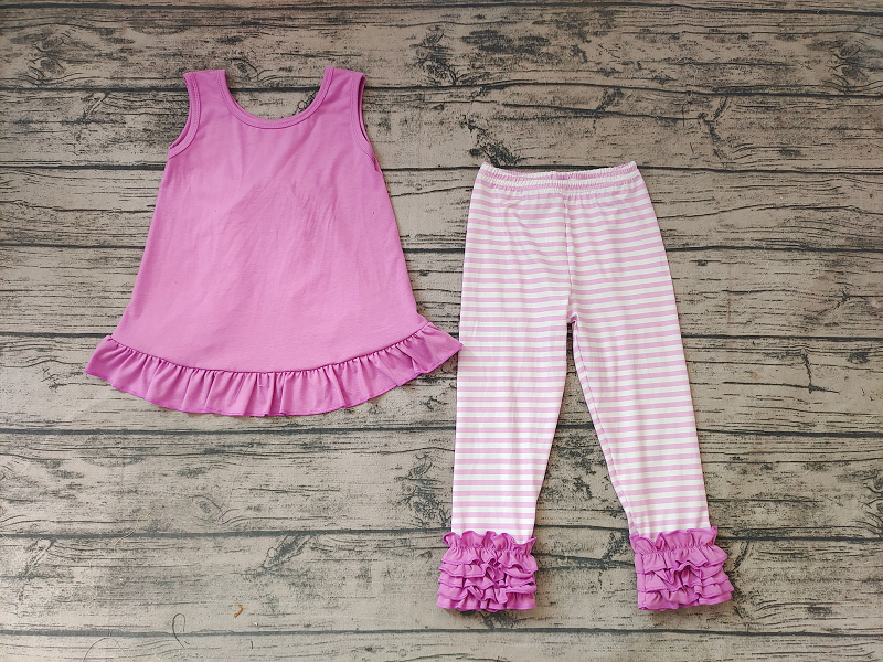 GSPO0507 Girls Pink Lace Stripe Tank Top Trousers Set