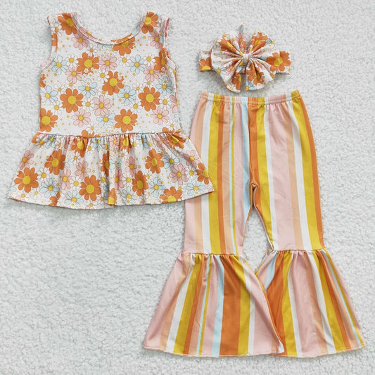 GSPO0484 Baby Girls Sunflower Black Short Sleeve Trouser Set +headband