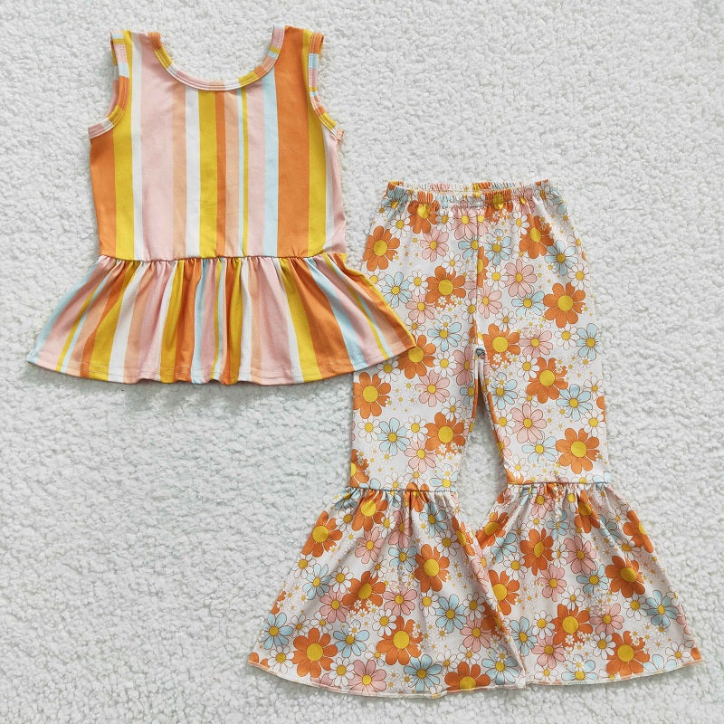 GSPO0509 Girls Color Striped Sleeveless Orange Floral Pant Suit