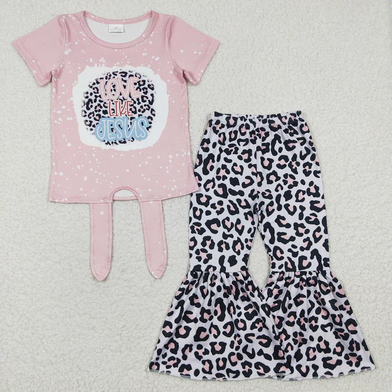 GSPO0518 Baby Girls JESUS pink short-sleeved leopard trouser suit