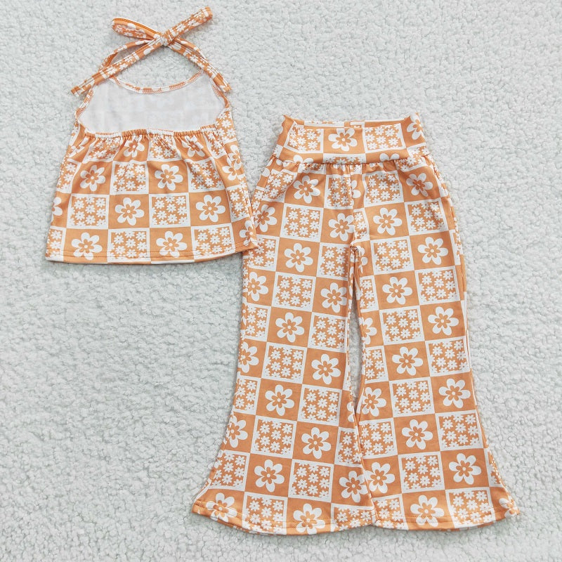 GSPO0519 Baby Girls Orange Plaid Halter Pant Set