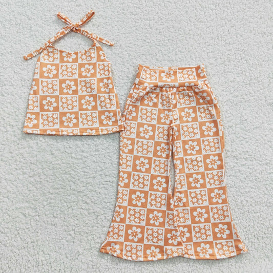 GSPO0519 Baby Girls Orange Plaid Halter Pant Set