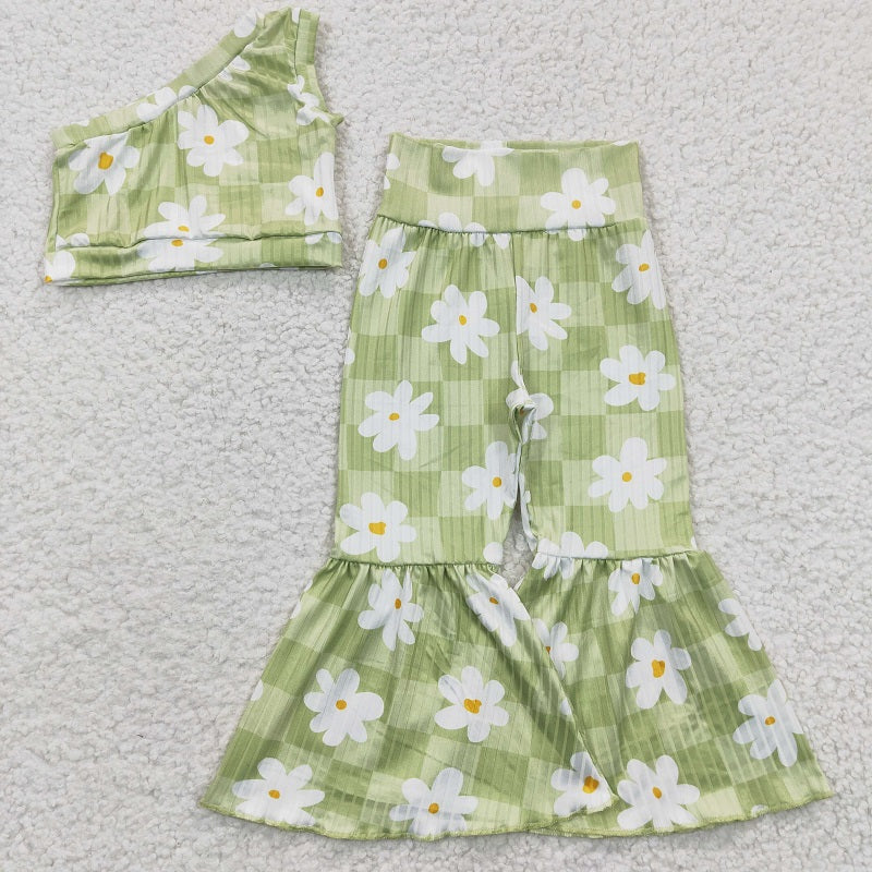GSPO0524 Baby Girls White Floral Green Single Sleeve Trouser Suit