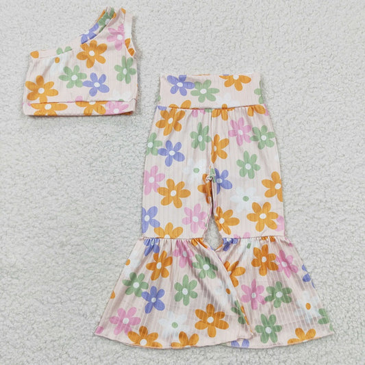 GSPO0525 Baby Girls Color Flower White One Side Sleeve Trousers Set