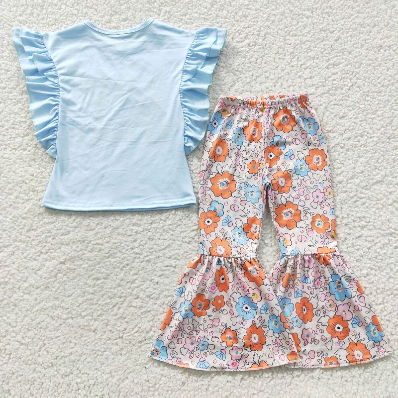 GSPO0539 Baby Girls Blue Flying Sleeve Floral Trouser Set