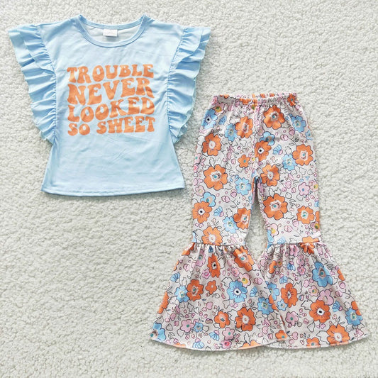 GSPO0539 Baby Girls Blue Flying Sleeve Floral Trouser Set